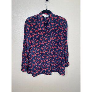 Vintage Lihao Navy & Red Floral Print Long-Sleeve Button-Up Shirt collared